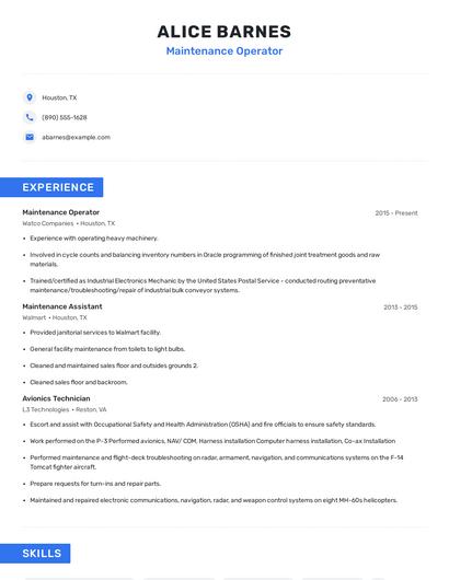 Maintenance Operator Resume