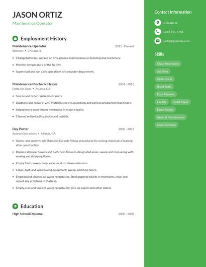 Maintenance Operator Resume