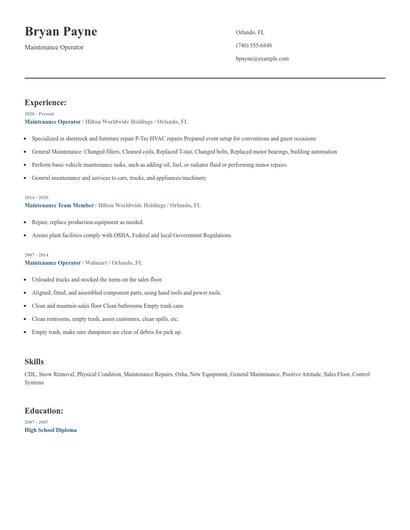Maintenance Operator Resume