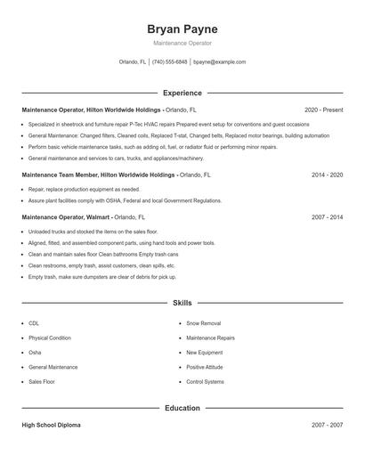 Maintenance Operator Resume
