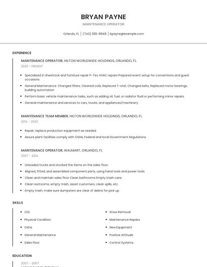 Maintenance Operator Resume