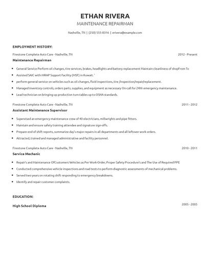 Maintenance Repairman Resume