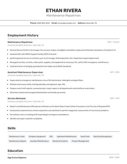 Maintenance Repairman Resume
