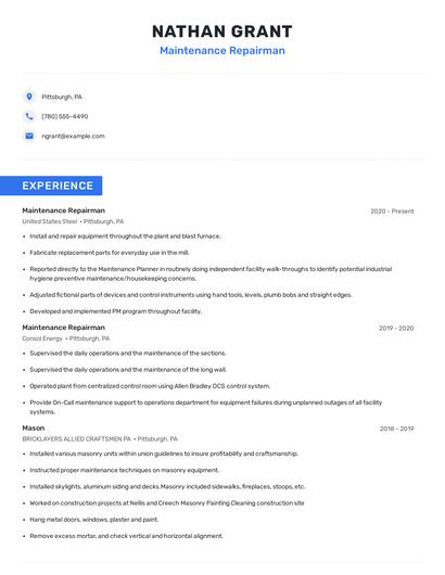 Maintenance Repairman Resume