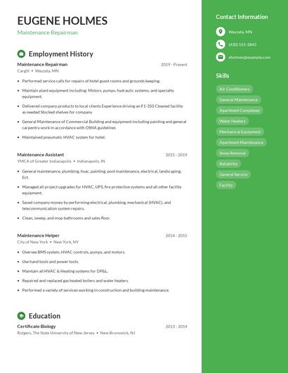 Maintenance Repairman Resume