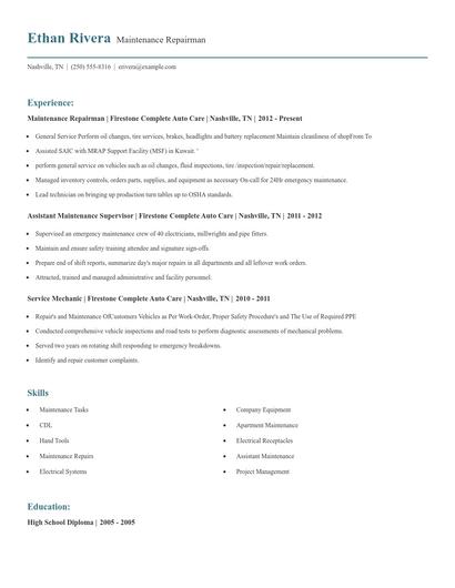 Maintenance Repairman Resume