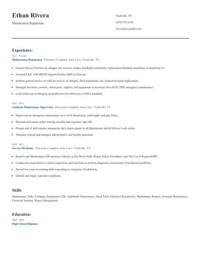 Maintenance Repairman Resume