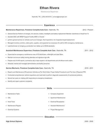 Maintenance Repairman Resume