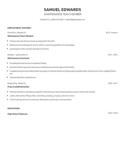 Maintenance Team Member Resume
