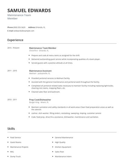 Maintenance Team Member Resume