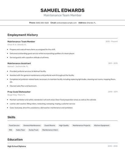 Maintenance Team Member Resume
