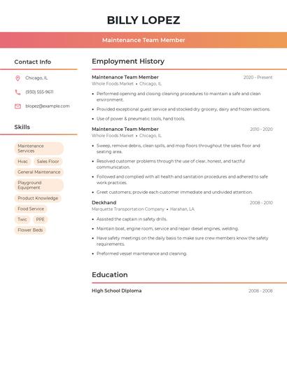 Maintenance Team Member Resume