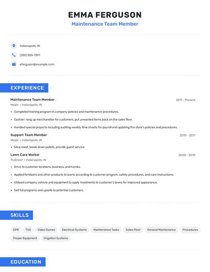 Maintenance Team Member Resume