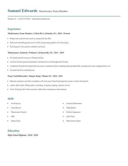Maintenance Team Member Resume