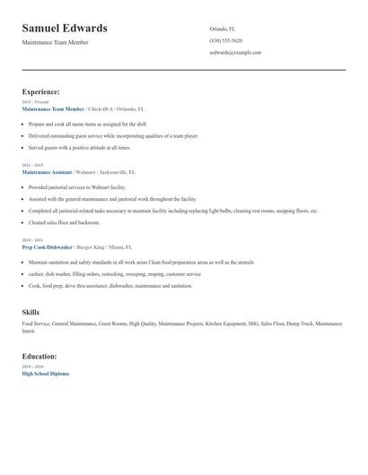 Maintenance Team Member Resume