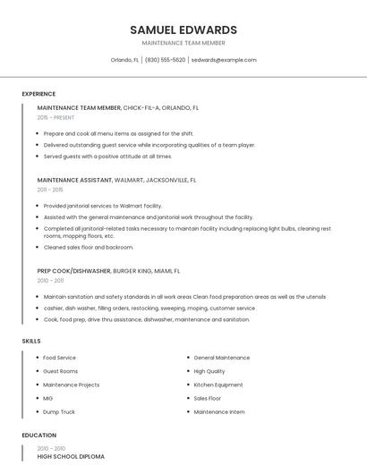 Maintenance Team Member Resume