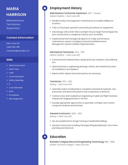 Maintenance Technician Supervisor Resume