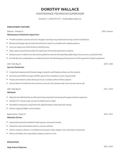 Maintenance Technician Supervisor Resume