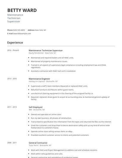Maintenance Technician Supervisor Resume