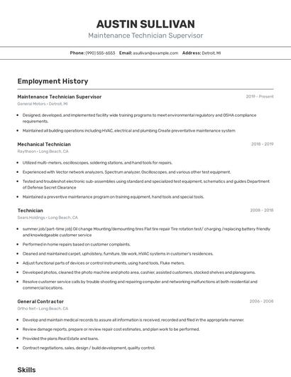 Maintenance Technician Supervisor Resume