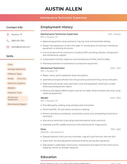 Maintenance Technician Supervisor Resume