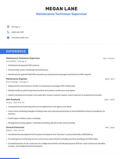 Maintenance Technician Supervisor Resume