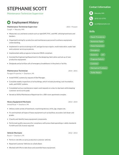 Maintenance Technician Supervisor Resume