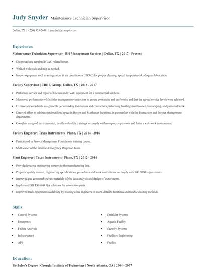 Maintenance Technician Supervisor Resume