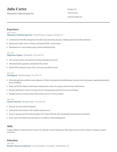 Maintenance Technician Supervisor Resume