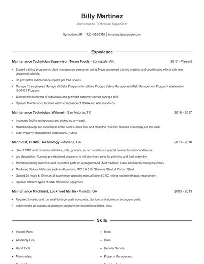 Maintenance Technician Supervisor Resume