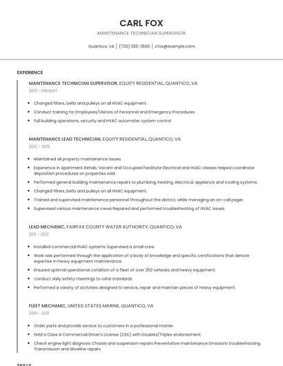 Maintenance Technician Supervisor Resume
