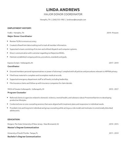 Major Donor Coordinator Resume