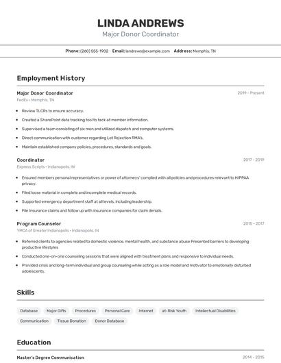 Major Donor Coordinator Resume