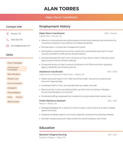 Major Donor Coordinator Resume