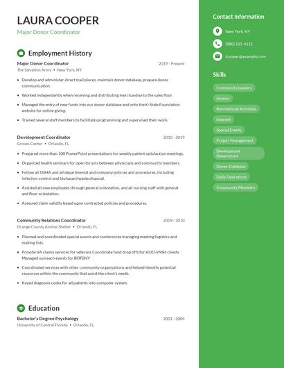 Major Donor Coordinator Resume