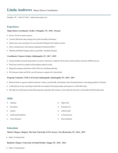 Major Donor Coordinator Resume