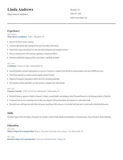 Major Donor Coordinator Resume
