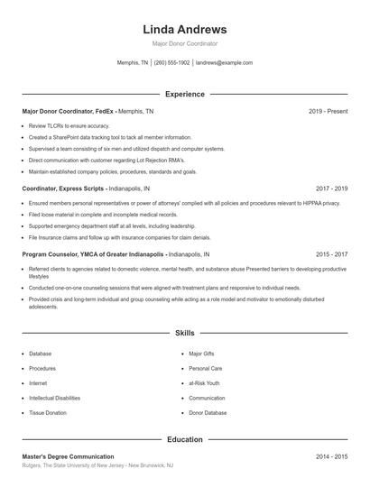Major Donor Coordinator Resume