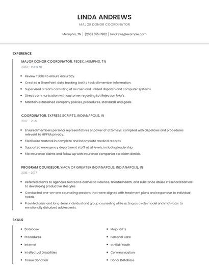 Major Donor Coordinator Resume