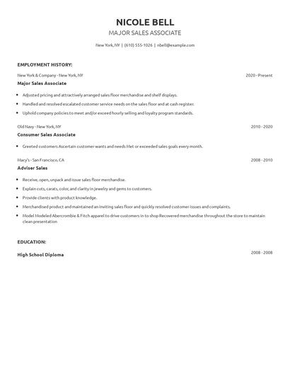 Major Sales Associate Resume