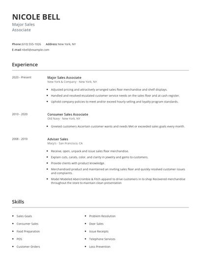 Major Sales Associate Resume