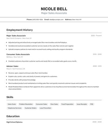 Major Sales Associate Resume