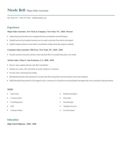Major Sales Associate Resume