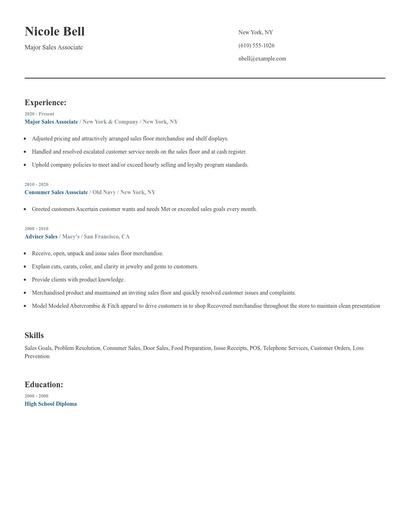Major Sales Associate Resume
