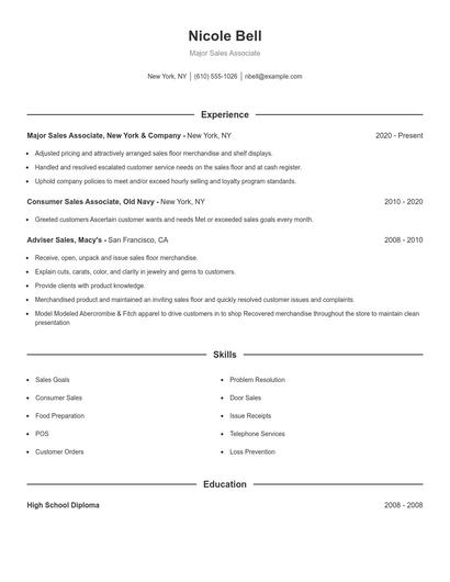 Major Sales Associate Resume