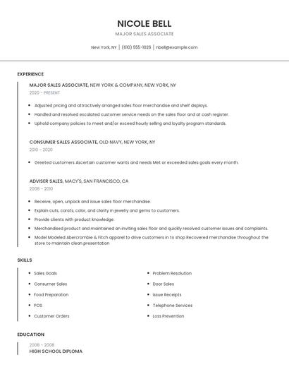 Major Sales Associate Resume