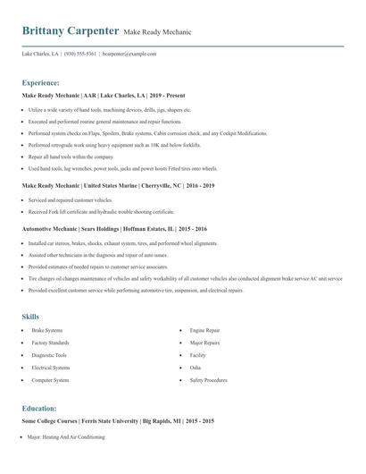 Make Ready Mechanic Resume