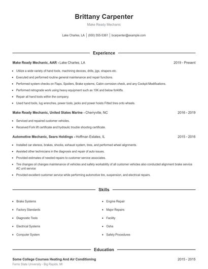 Make Ready Mechanic Resume