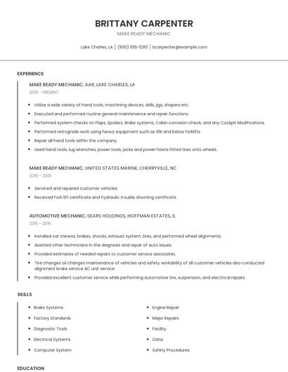 Make Ready Mechanic Resume