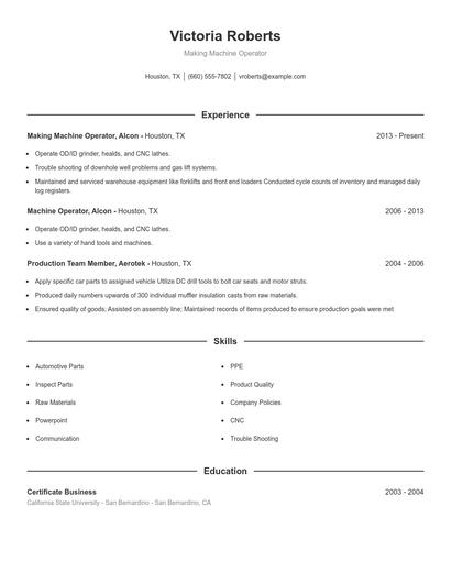 Making Machine Operator Resume